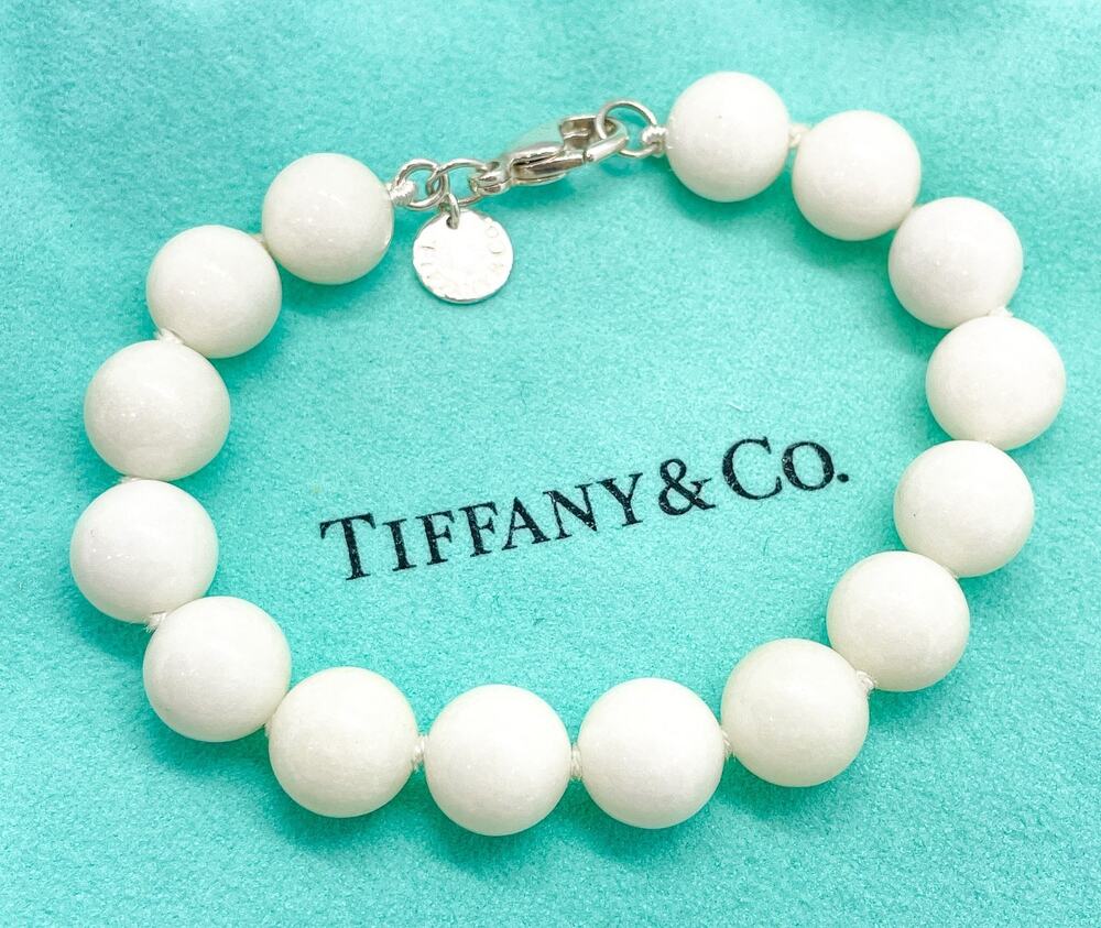 Tiffany & Co. Ziegfeld White Dolomite 10mm Bead Ball Bracelet Silver 6.75"